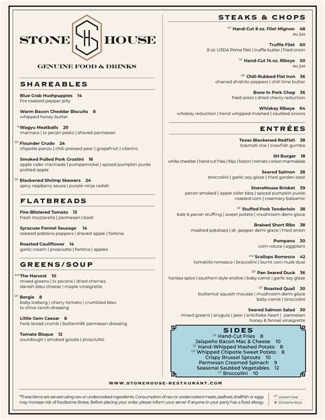 stonehouse restaurant menu